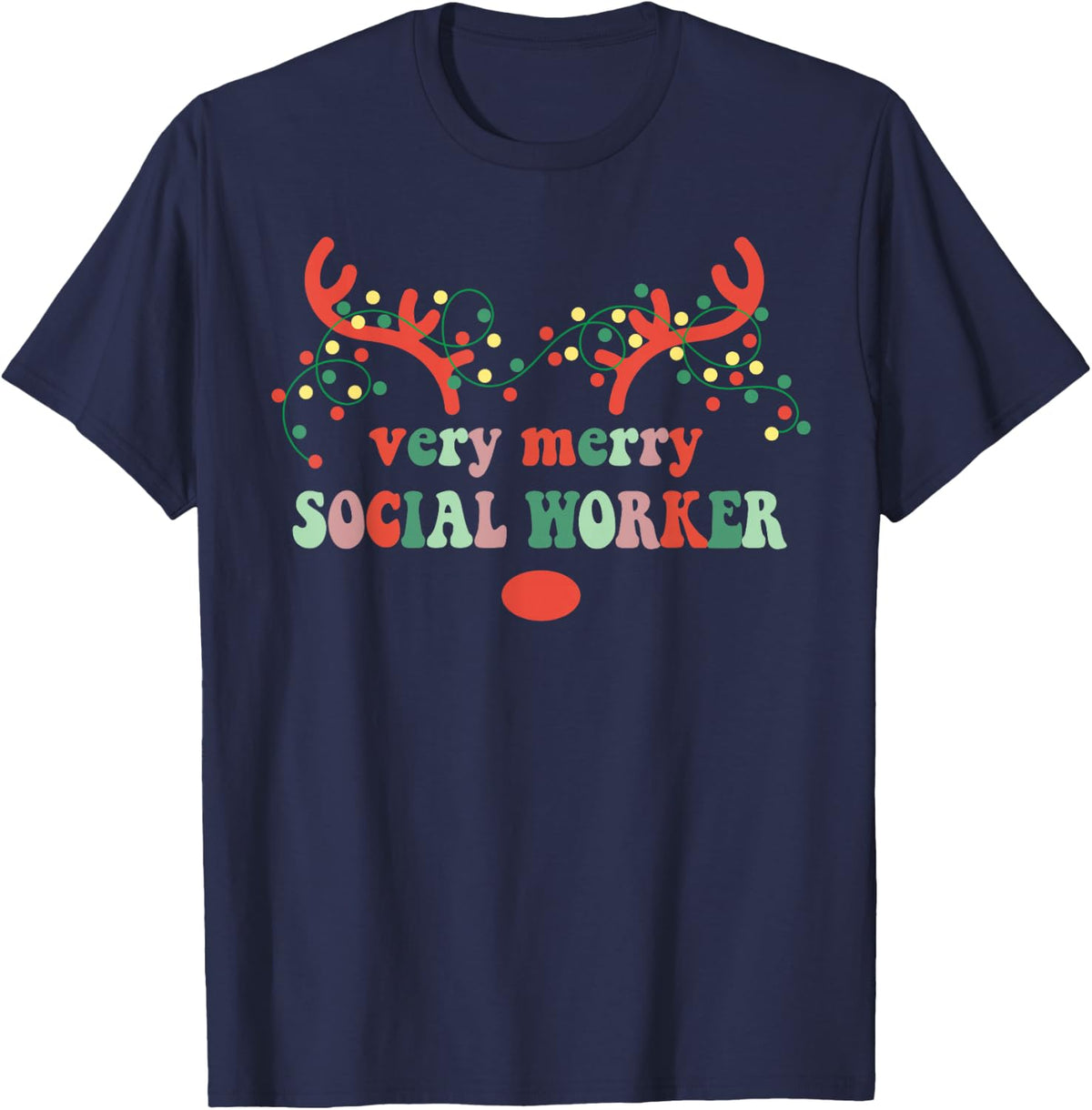 Very Merry Social Worker Reindeer Christmas Lights Xmas T-Shirt - Navy Blue