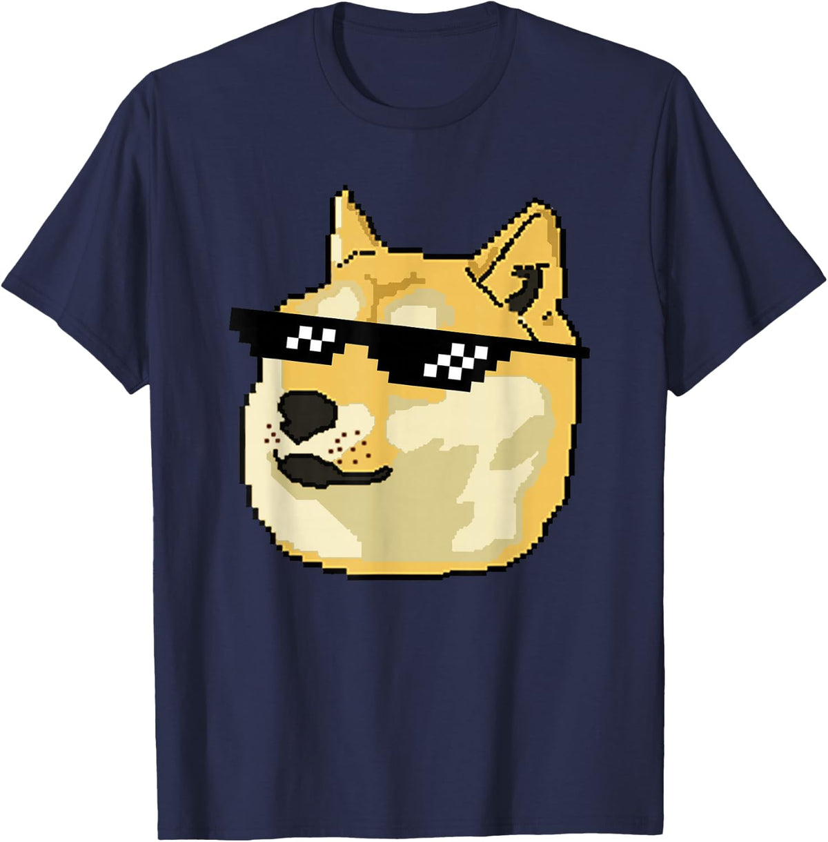 Doge Pixel Shiba Inu Deal With It Glasses Meme Art T-Shirt - Navy Blue