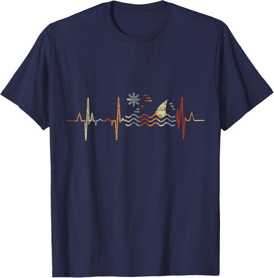 Sharks Heartbeat Vintage ECG Cardiogram Retro T-Shirt - Navy Blue