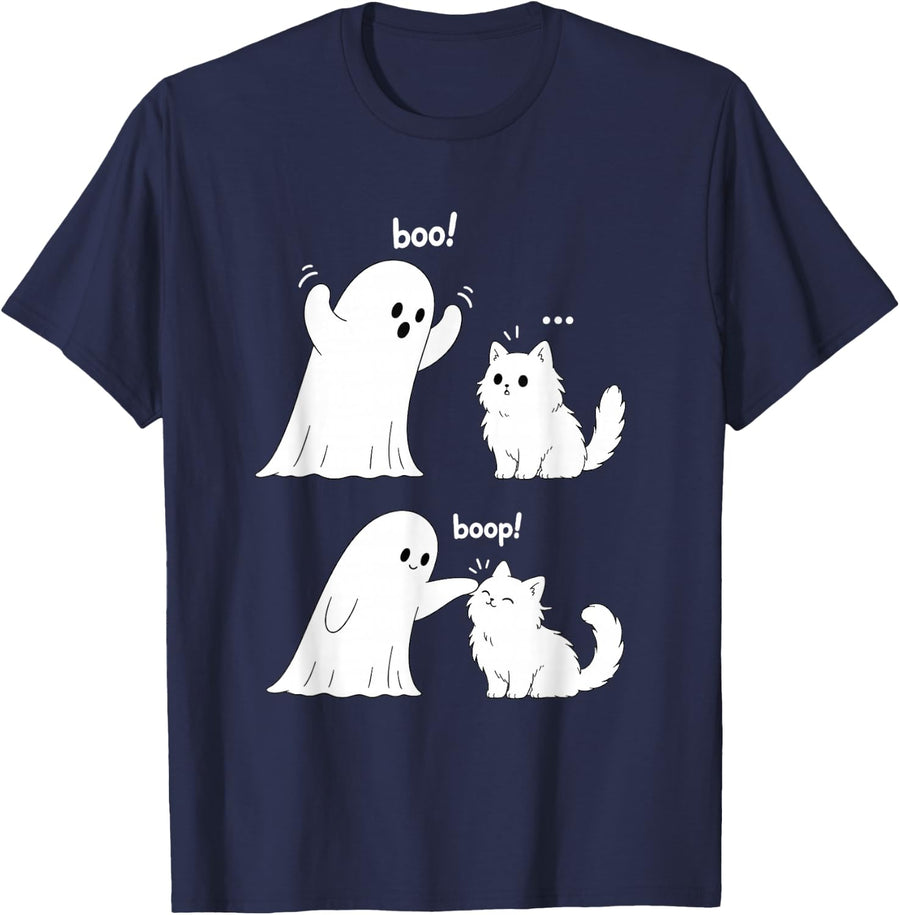 Cute Ghost Cat Boop Halloween Spooky Season Funny Humor T-Shirt - Navy Blue