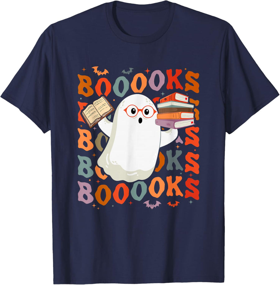 Halloween Ghost Reading Books Teacher Librarian Halloween T-Shirt - Navy Blue