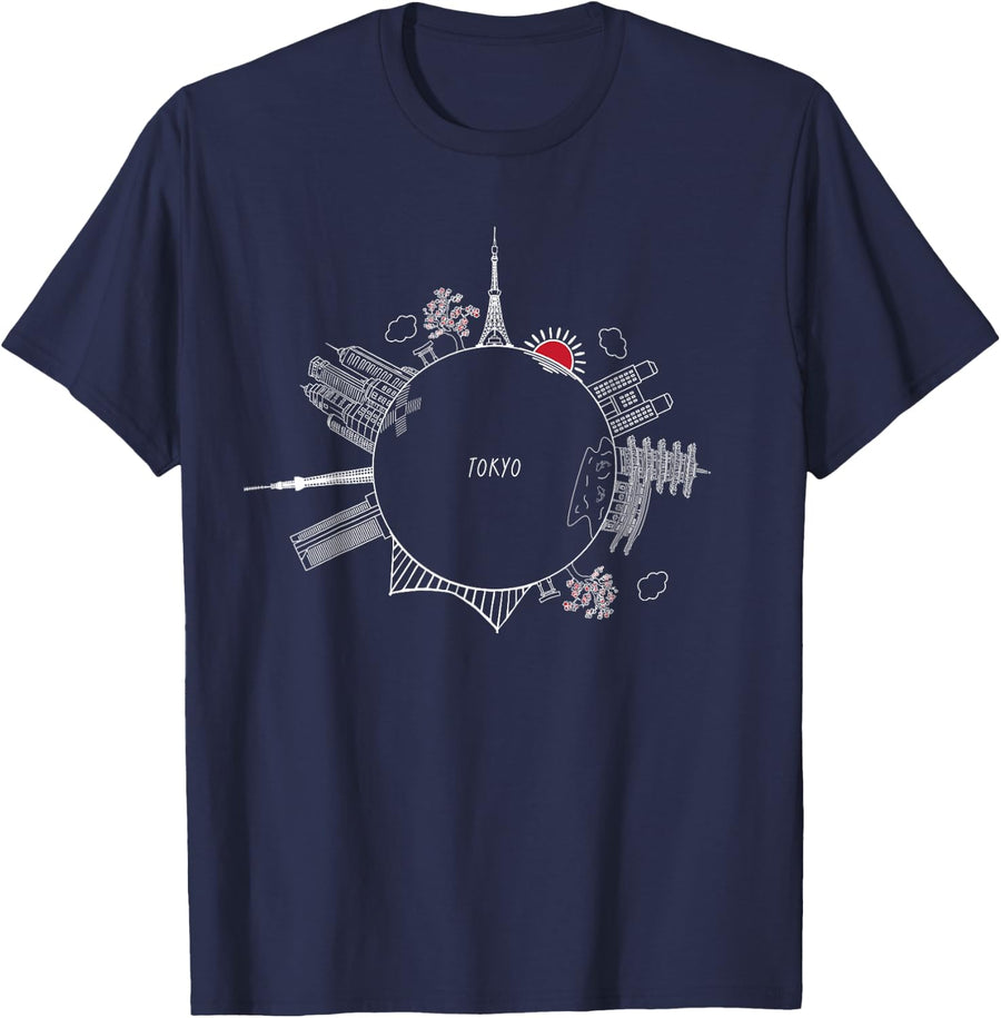 Family Heritage Gifts Tokyo Japan Tiny Planet Landmarks & Cherry Blossoms Unisex-Adult T-Shirt - Navy Blue