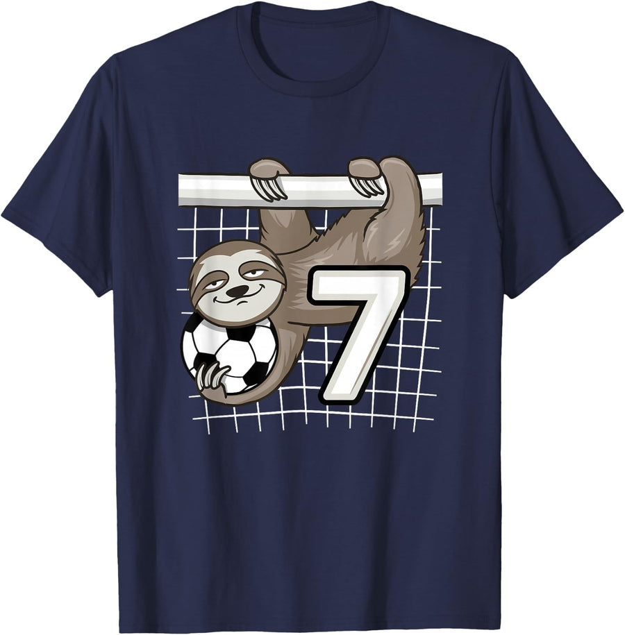 Funny Sloth Soccer 7th Birthday Goal Keeper 7 Years Old Kids T-Shirt - Navy Blue