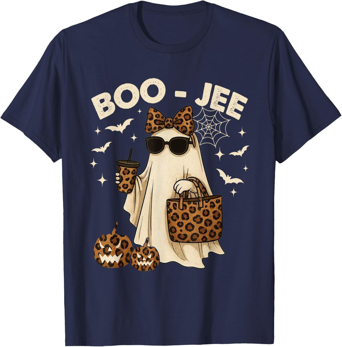 Coquette Leopard Coffee Boo JEE Ghost Halloween Boujee Ghost T-Shirt - Navy Blue
