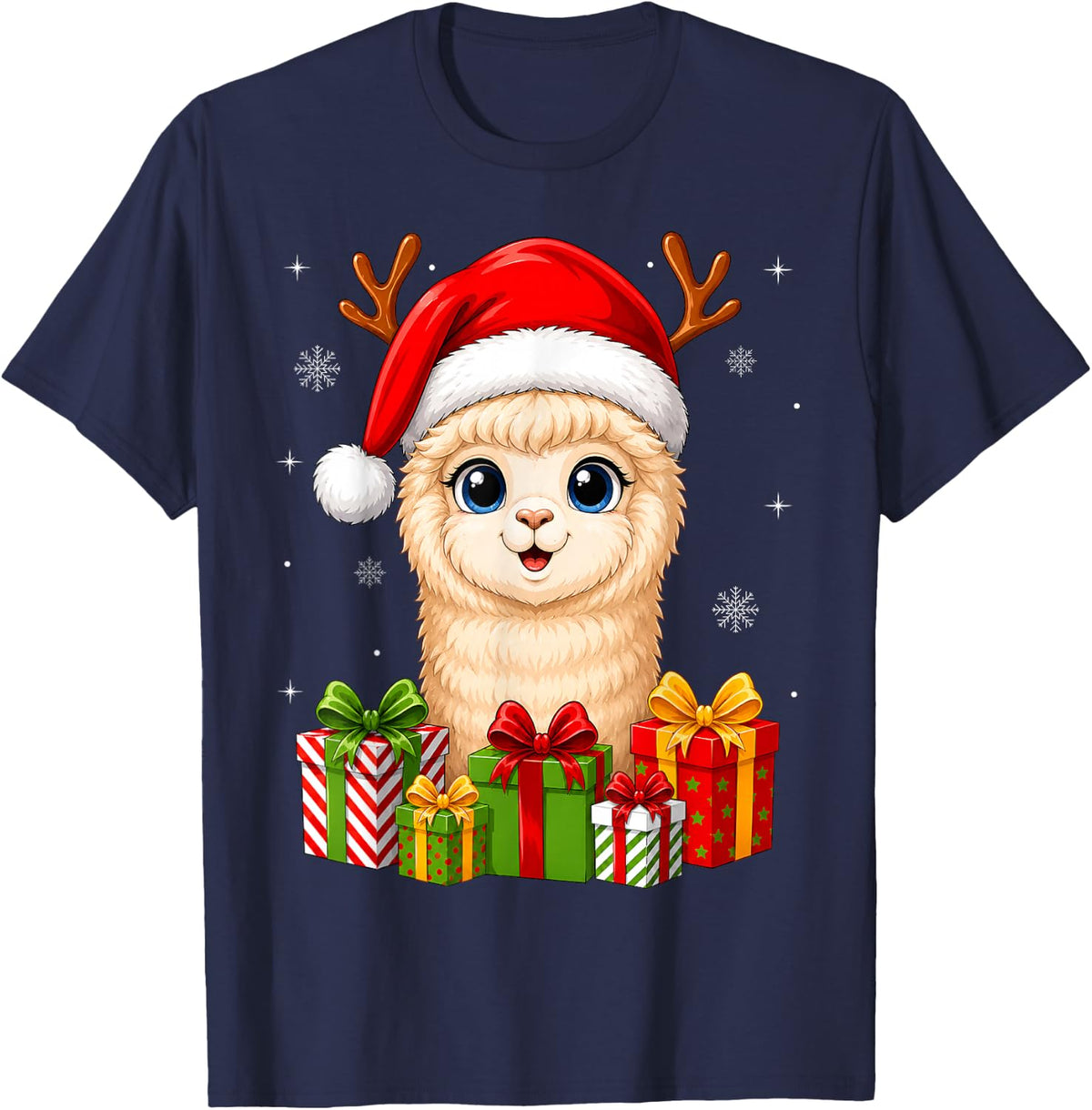 Xmas Decor Cute Festive Santa Hat Alpaca Llama Christmas T-Shirt - Navy Blue