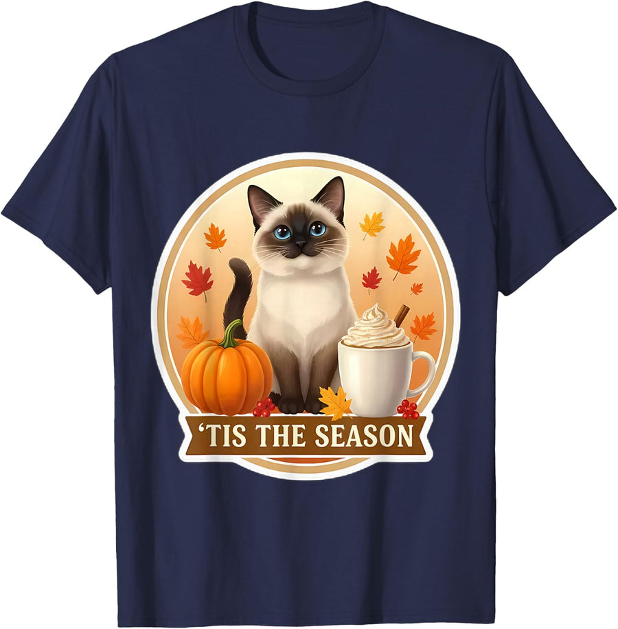 Tis The Season Siamese Cat Fall Autumn Pumpkin Spice Leaves T-Shirt - Navy Blue