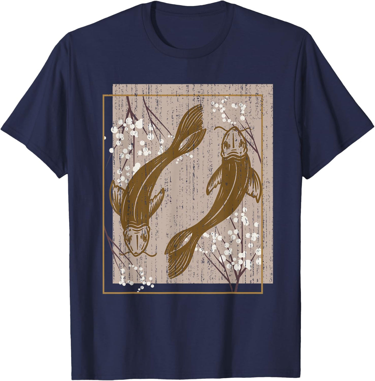 Vintage Cherry Blossom Japanese Taisho Sanke Koi Carp T-Shirt - Navy Blue