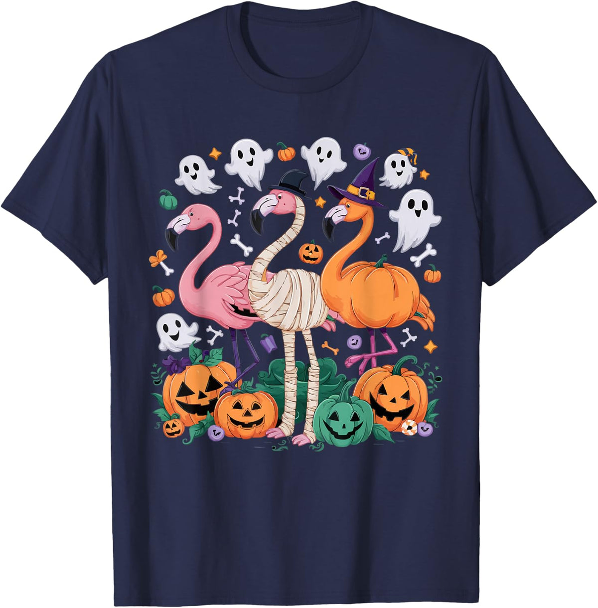 Flamingo Halloween Spooky Wading Bird Scary Trick Or Treat T-Shirt - Navy Blue