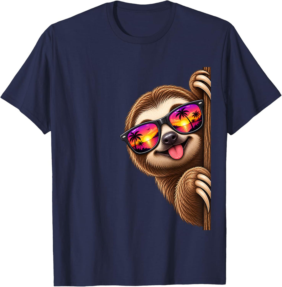 Sloth Peeking Wildlife Animal Nature T-Shirt - Navy Blue