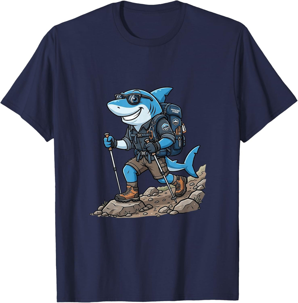 Funny Shark Hiker Cute Cartoon Camping Mountain Trail T-Shirt - Navy Blue