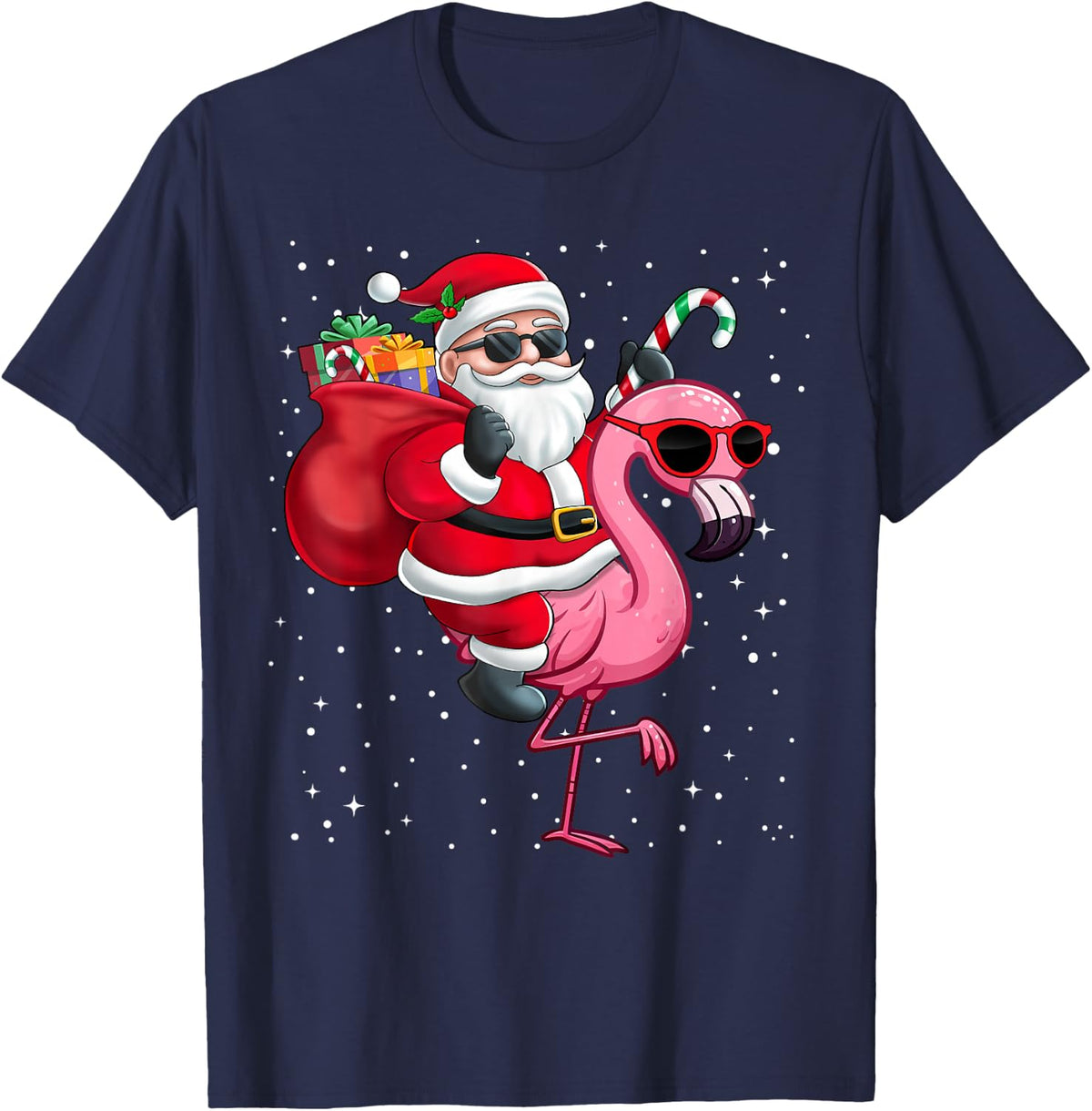 Santa Claus Riding A Flamingo Christmas Boy Girl Kids T-Shirt - Navy Blue
