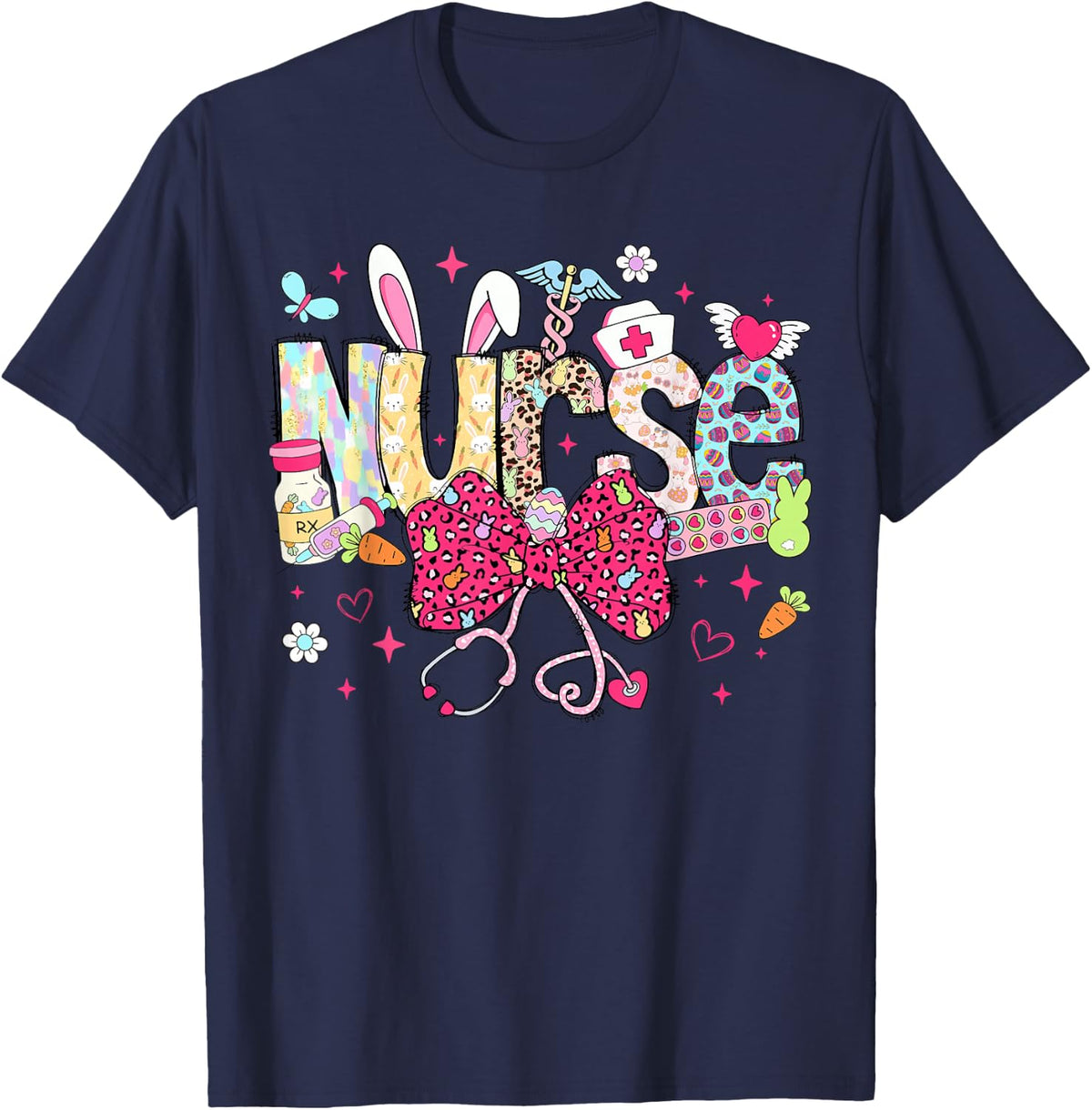 Nurse Easter Day Cute Coquette Stethoscope Nursing Easter T-Shirt - Navy Blue