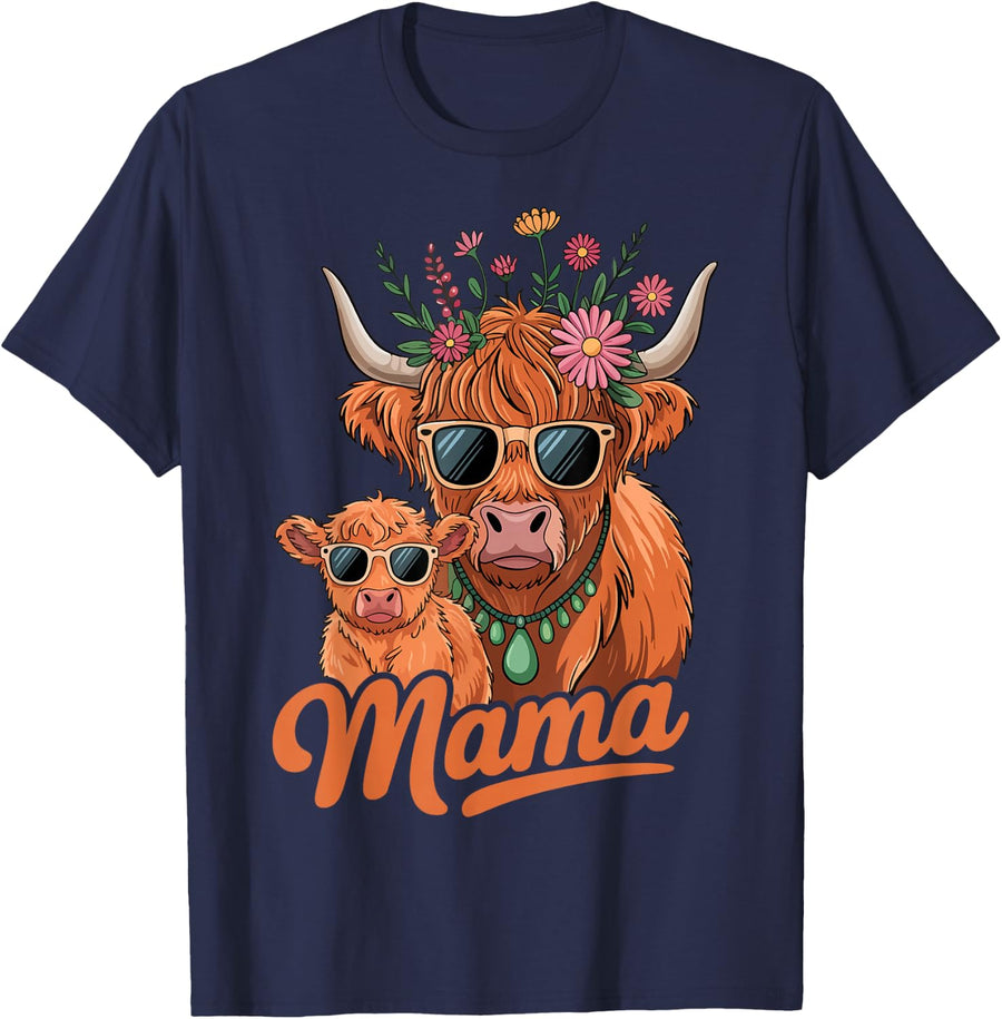 Highland Cow Mama Mom Baby Calf Daughter Floral Mothers Day T-Shirt - Navy Blue