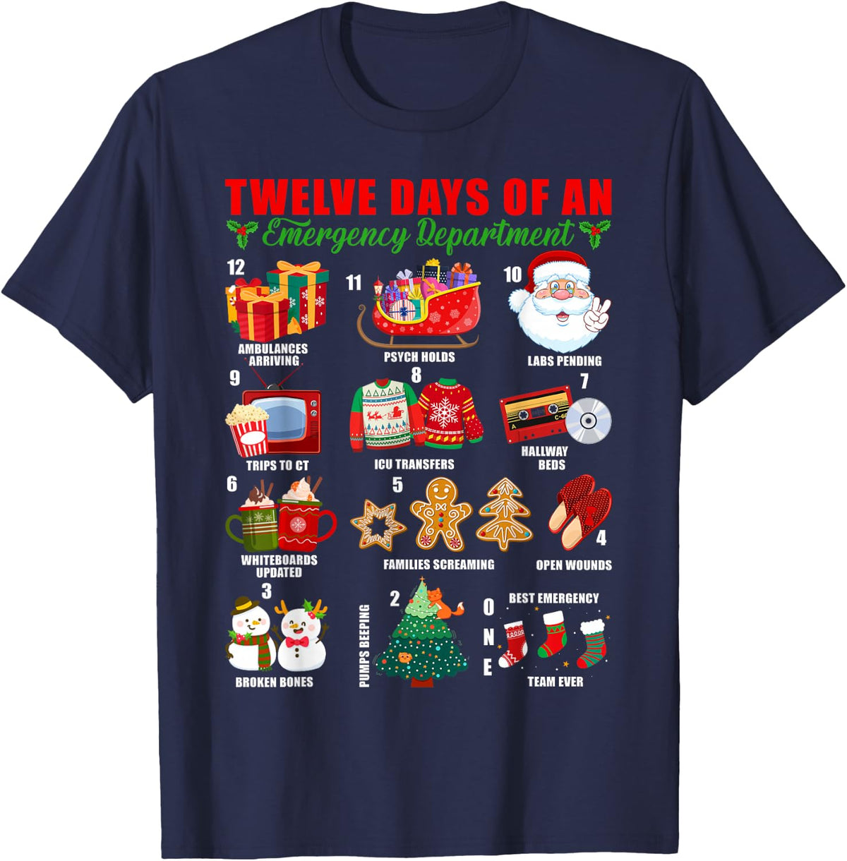Twelve Days of an Emergency Department ED Nurse Christmas T-Shirt Tee for Women - Navy Blue