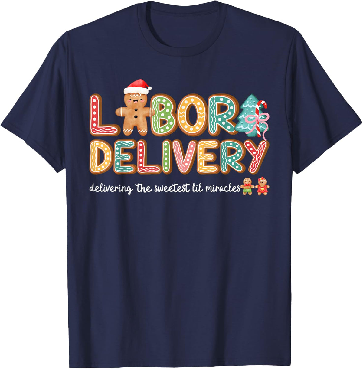 Groovy Labor and Delivery Christmas L&D Nurse Gingerbread T-Shirt - Navy Blue