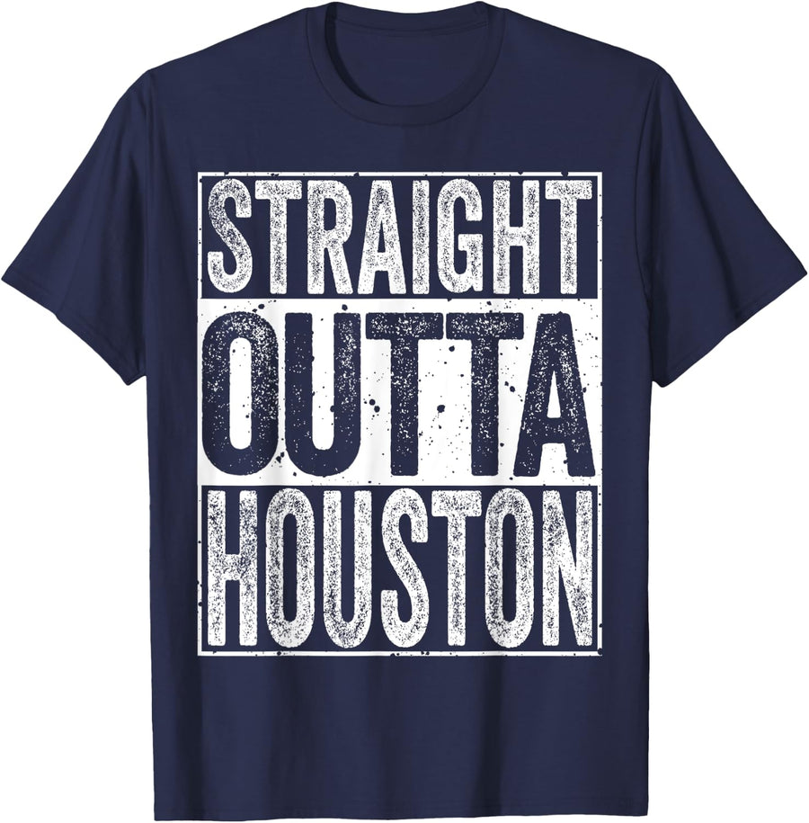 Distressed Funny Straight Outta Houston T-Shirt - Navy Blue