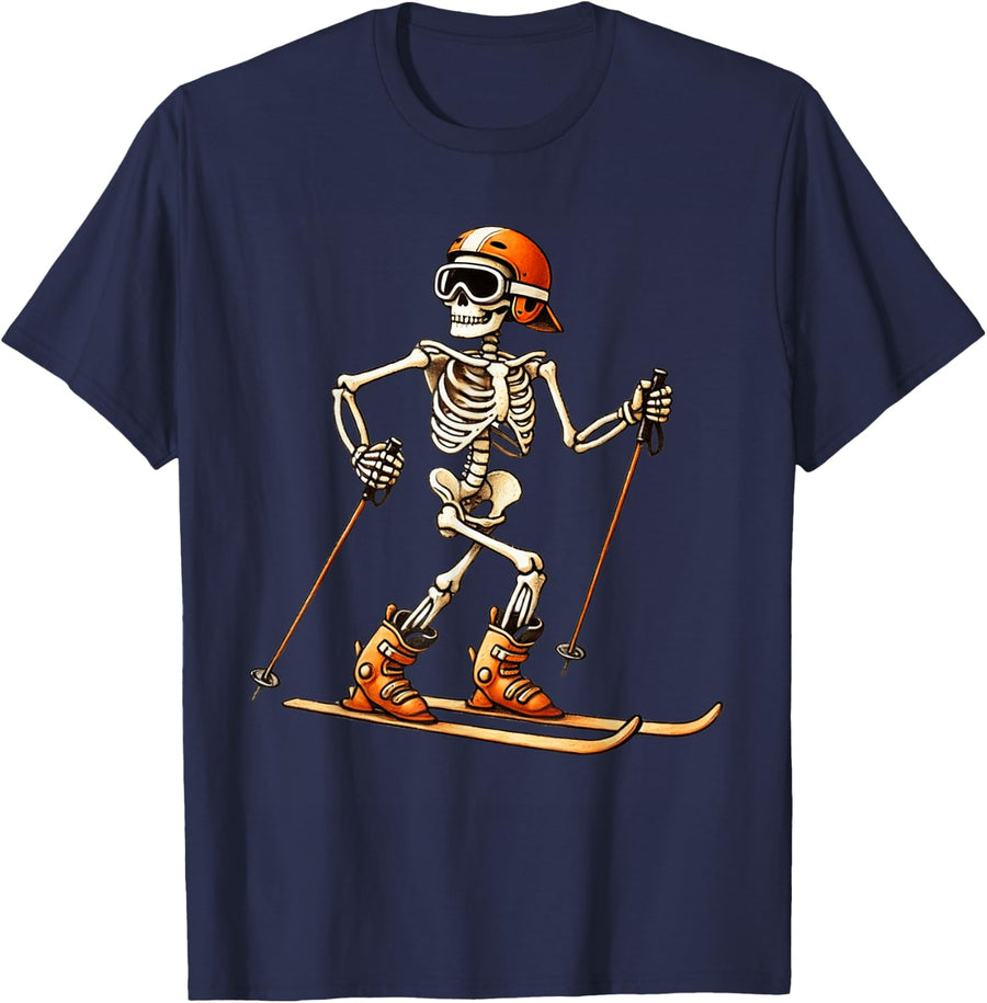 Skeleton Skiing Halloween Costume Funny Ski Boys Kids Men T-Shirt - Navy Blue