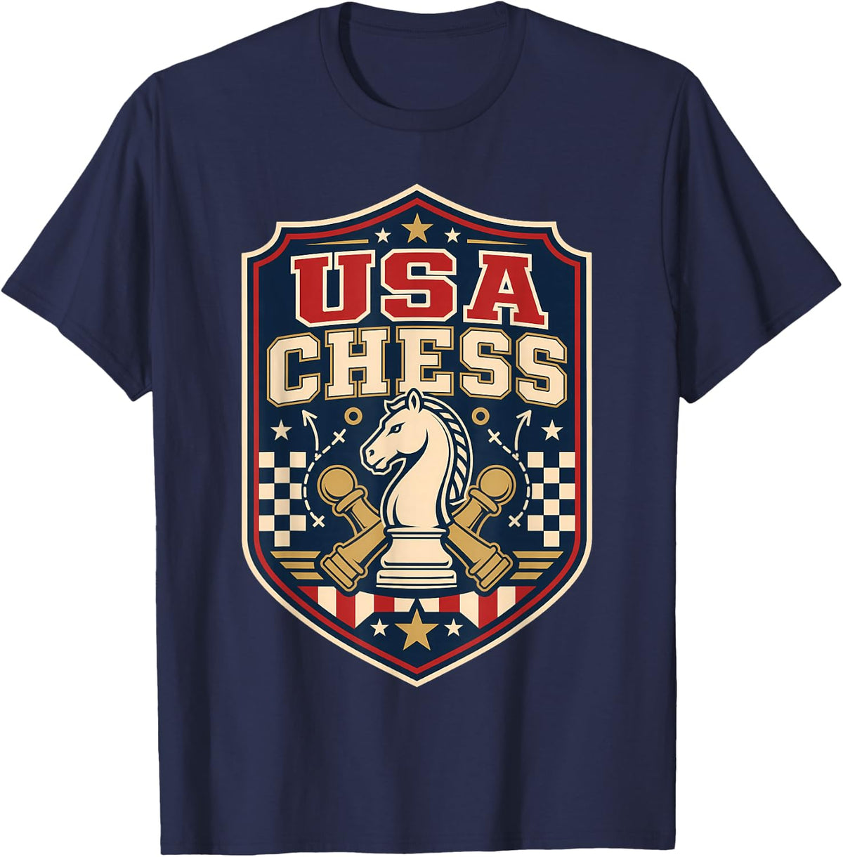 USA Chess Knight Emblem Patriotic Player T-Shirt - Navy Blue