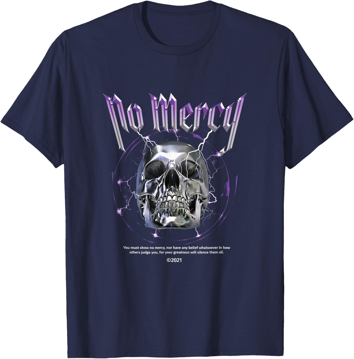 No Mercy Heavy-Metal Skull - Aesthetic Edgy Streetwear T-Shirt - Navy Blue