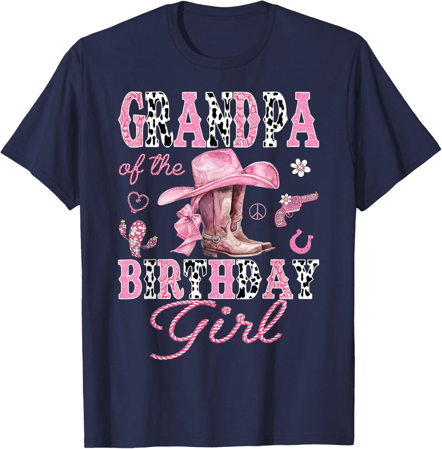 Grandpa Of the Birthday Girl Pink CowGirl Western Rodeo T-Shirt - Navy Blue