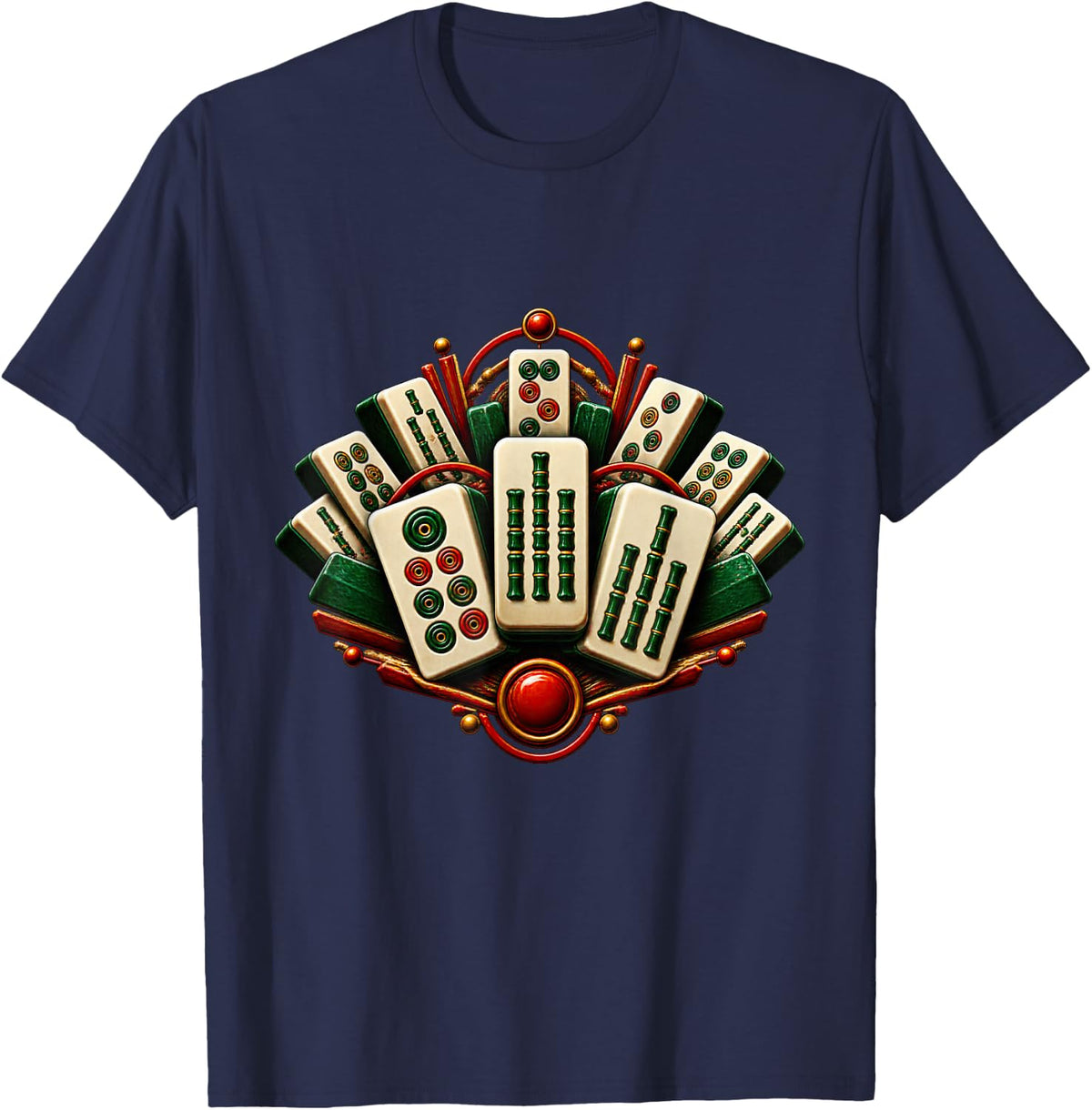 Bold Classic Mahjong Tiles with Emerald and Red Accents T-Shirt - Navy Blue