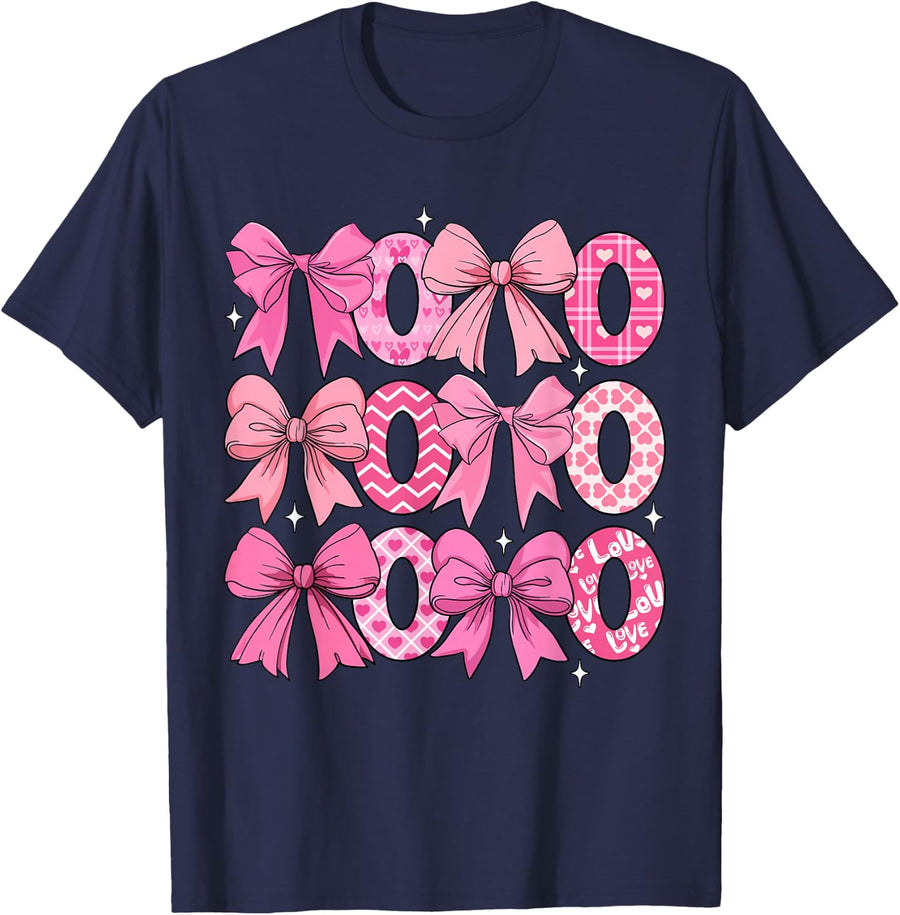 Coquette Valentine XOXO Funny Valentine Bow Hearts Lover T-Shirt - Navy Blue