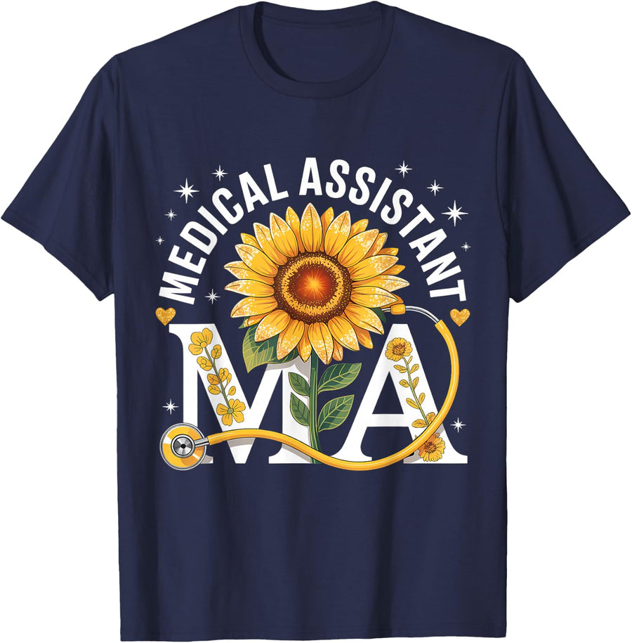 Medical Assistant Sunflower T-Shirt - Navy Blue