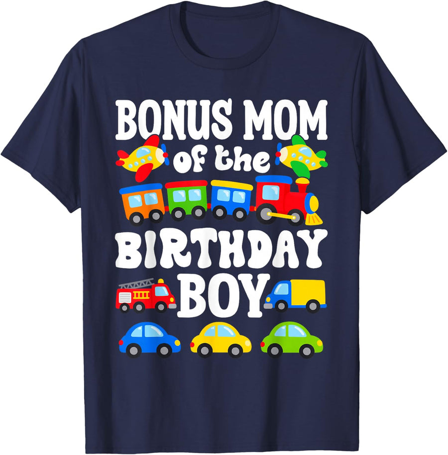 Bonus Mom of The Birthday Boy Cars Trucks Trains Bday Party T-Shirt - Navy Blue