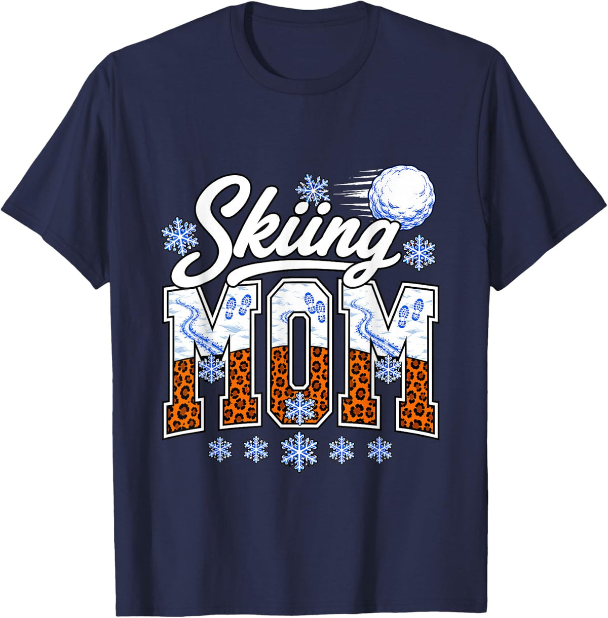 Skiing Mom Leopard Print Winter Ski Mother T-Shirt - Navy Blue