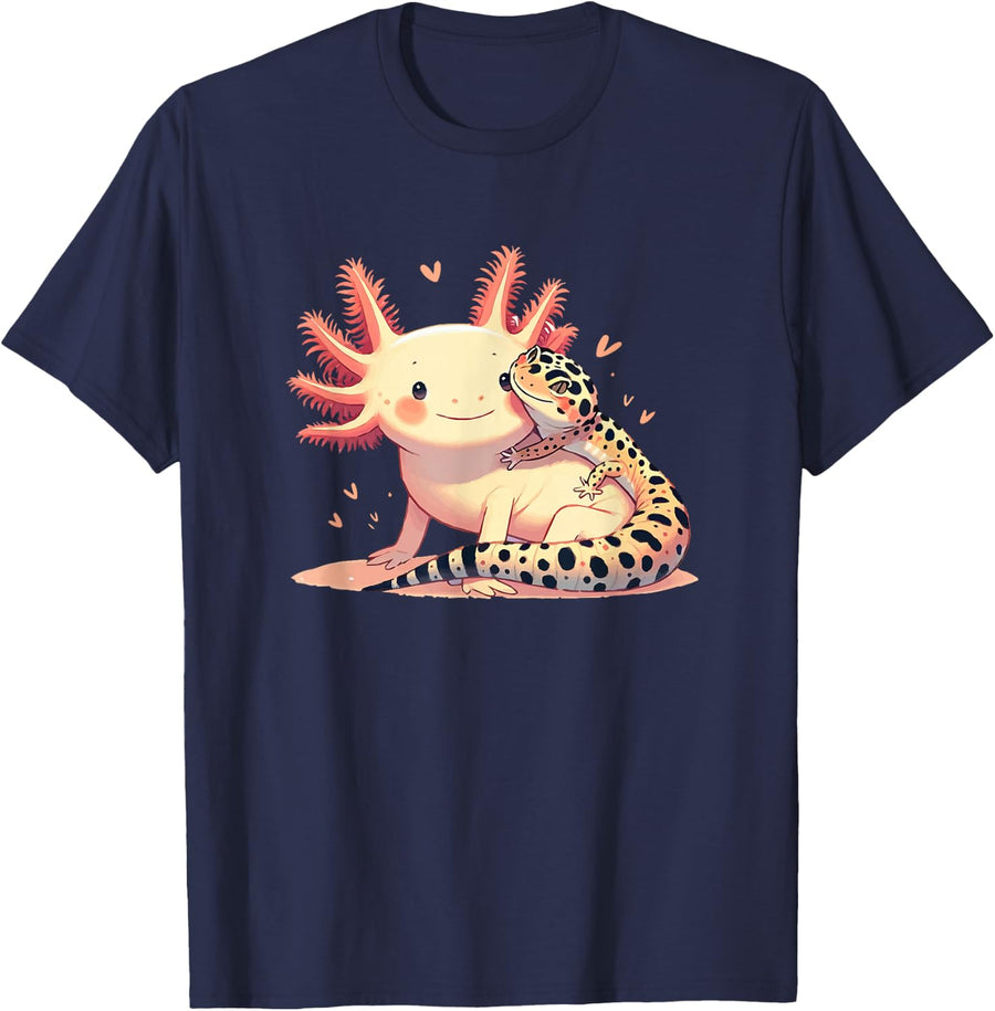 Gecko Owner Pet Herpetology Leopard Gecko Hugging Axolotl T-Shirt - Navy Blue