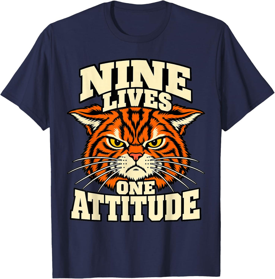 Tabby Cat Nine Lives One Attitude Whiskers Owner Funny T-Shirt - Navy Blue