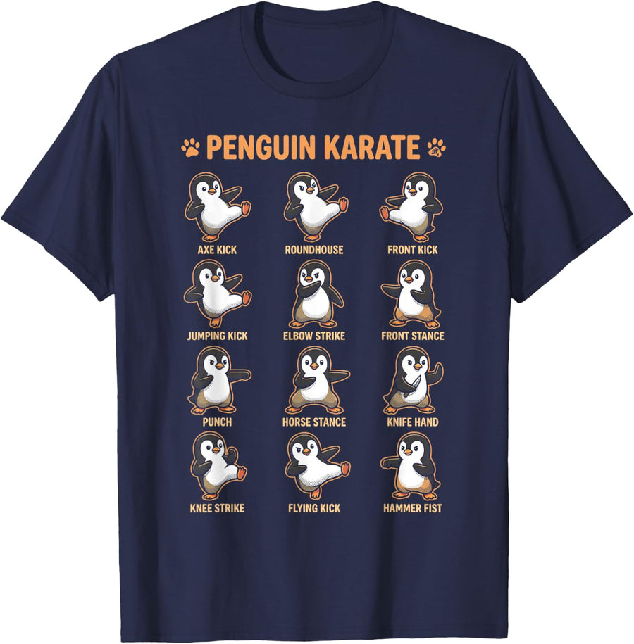 Penguin Karate Comic Poses Cute Funny Animal Chart T-Shirt - Navy Blue