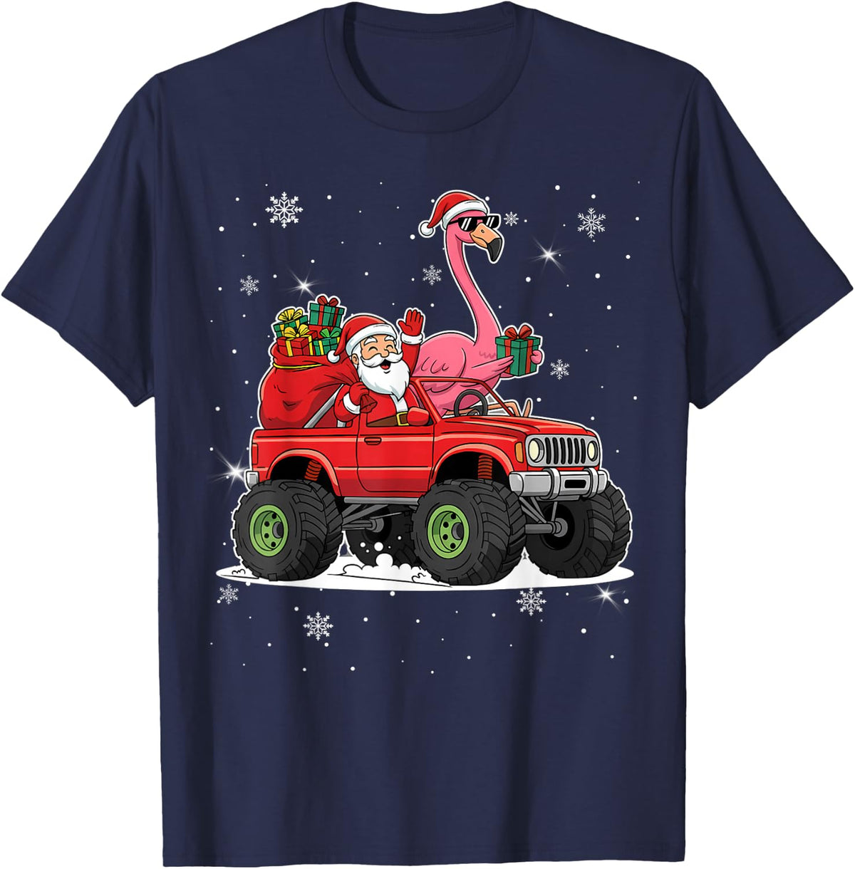 Xmas Santa Truck Flamingo Family Matching Men Women Kids T-Shirt - Navy Blue