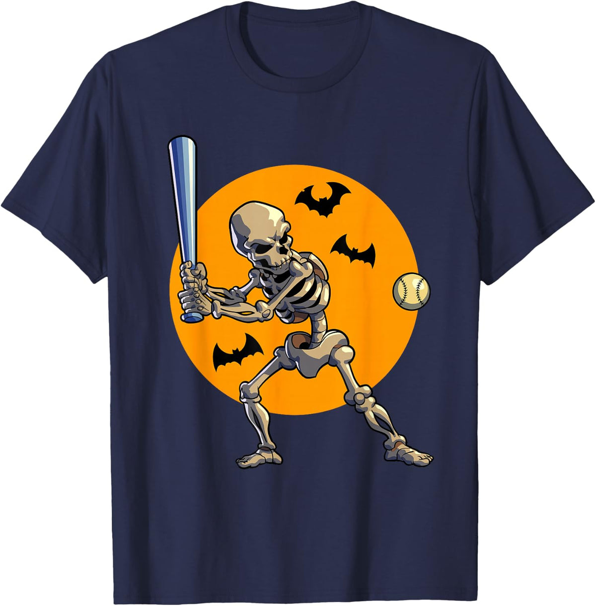 Baseball Skeleton Halloween Men Boys Baseball Halloween T-Shirt - Navy Blue