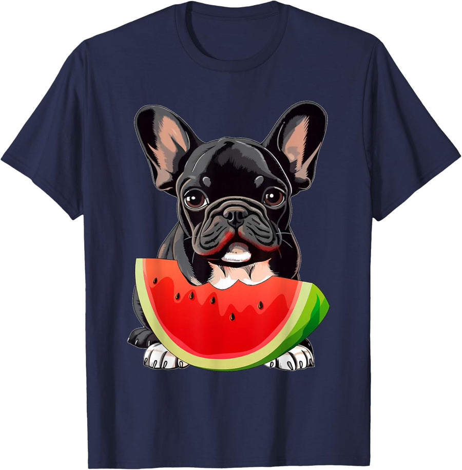 Funny French Bulldog Dog & Watermelon Slice Summer Vacation T-Shirt - Navy Blue