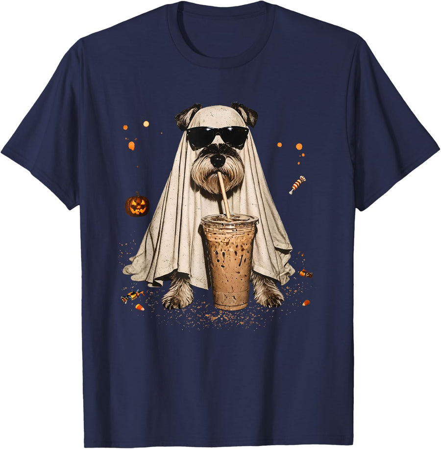 Ghost Schnauzer Drinking iced Coffee Pumpkin Halloween T-Shirt - Navy Blue