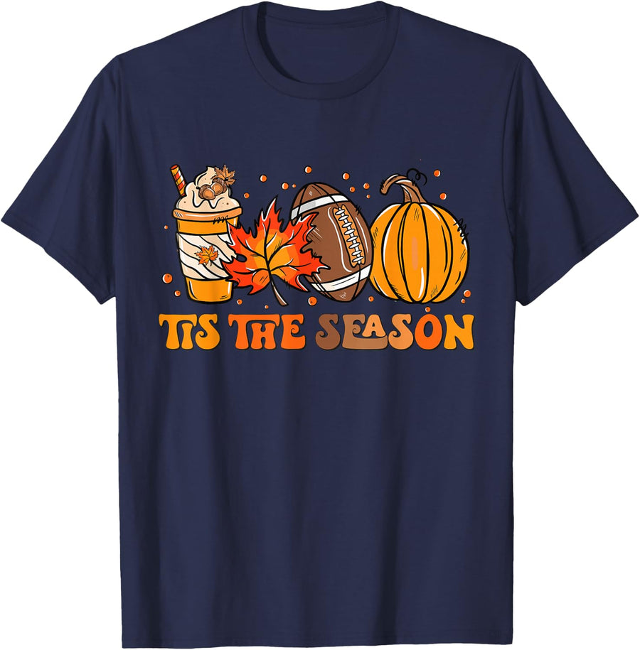 Tis The Season Pumpkin Leaf Latte Fall Thanksgiving Football T-Shirt - Navy Blue