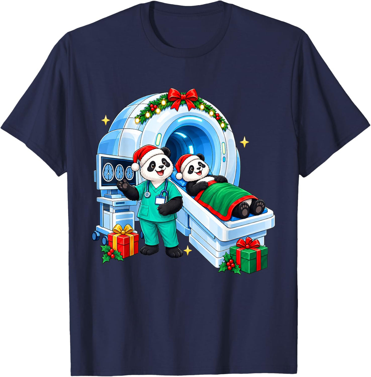 Funny Radiology Christmas Panda Santa CT Tech MRI Tech Xmas T-Shirt - Navy Blue