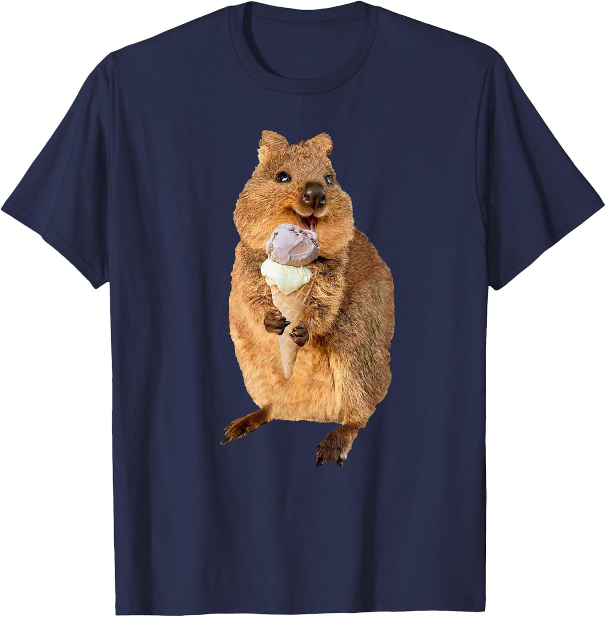 Kawaii Quokka Eating Ice Cream Cone Graphic Tee T-Shirt - Navy Blue
