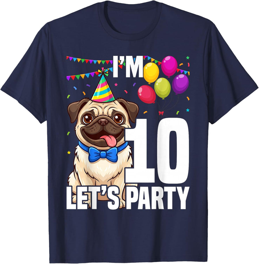 Pug Birthday 10th Kids Boys Girls Idea Party T-Shirt - Navy Blue