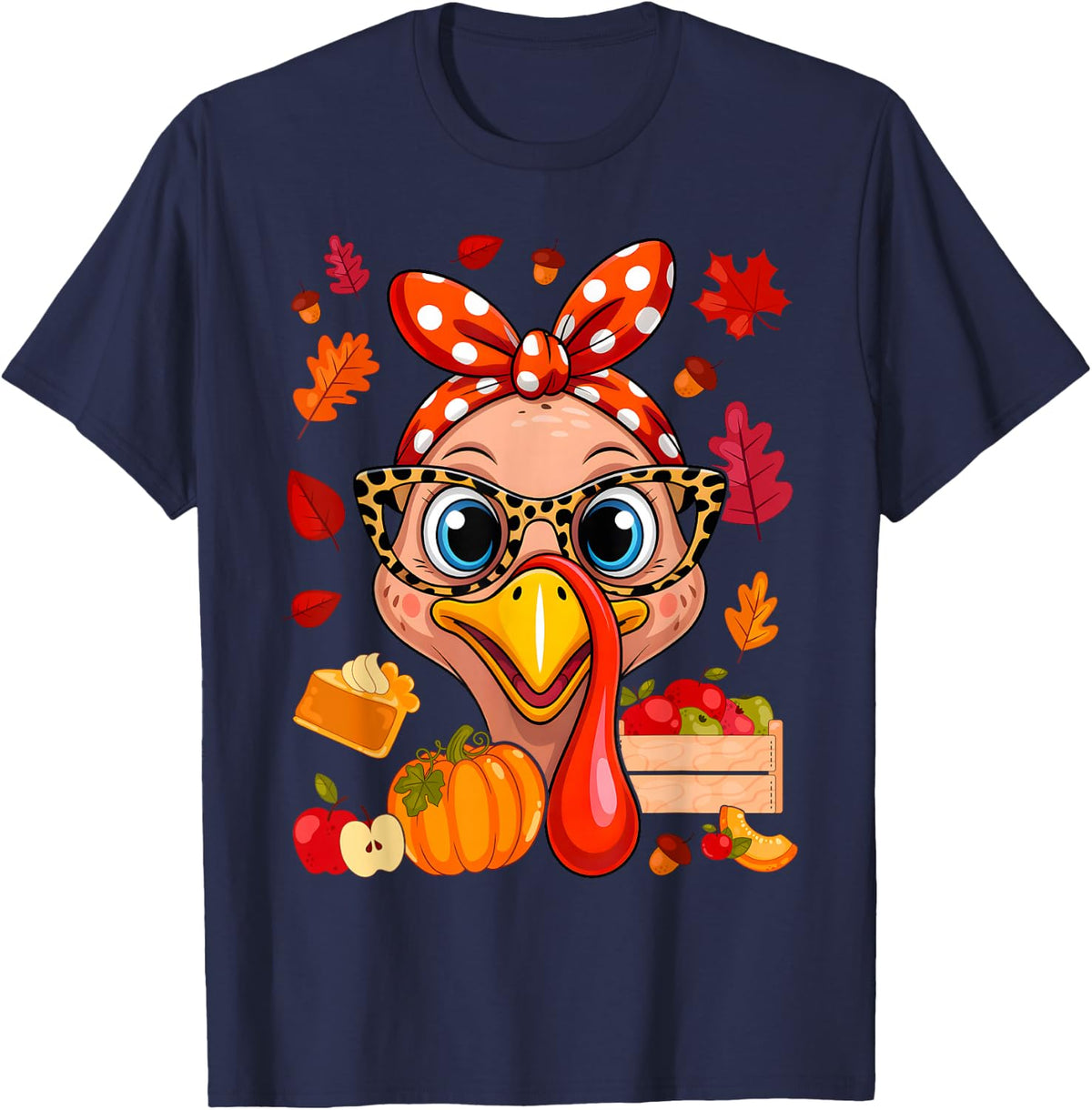 Turkey Face Bandana Leopard Glasses Thanksgiving Women Girls T-Shirt - Navy Blue