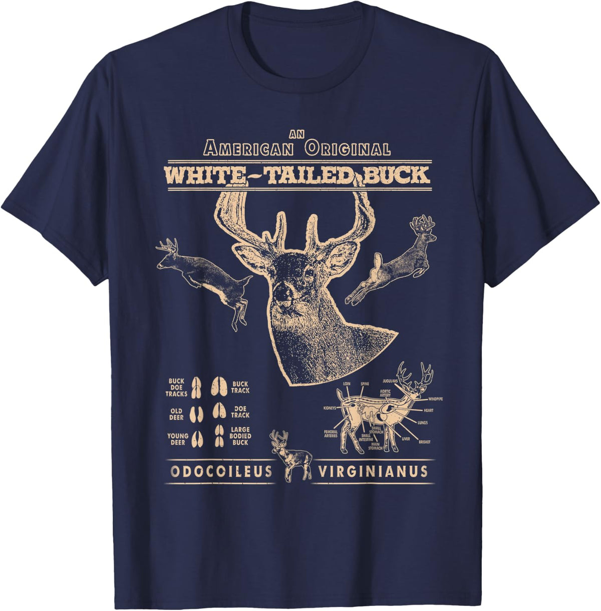 White-Tailed Deer Buck Anatomy, Deer Hunter Hunting Design T-Shirt - Navy Blue