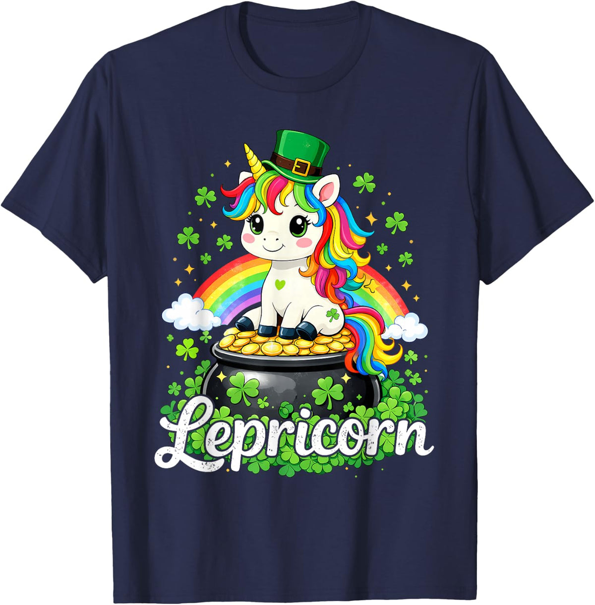 St Patricks Day Cute Unicorn Lepricorn St Pattys Girls Kids T-Shirt - Navy Blue