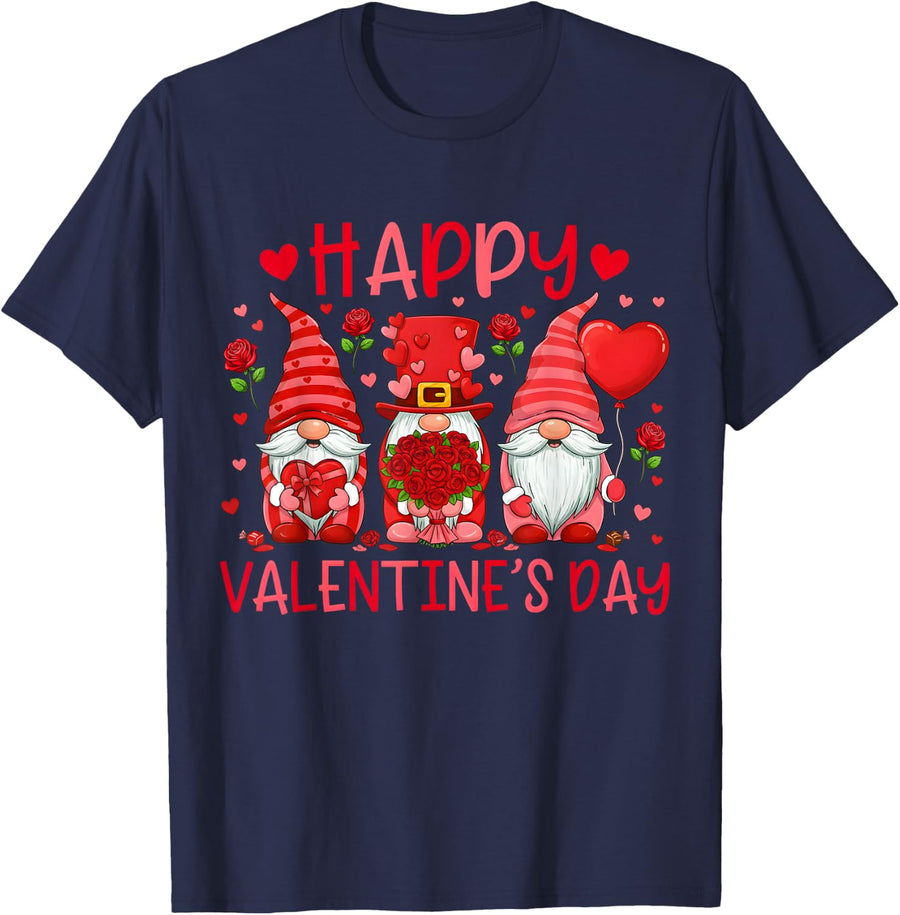 Cute Three Gnomes and Heart Love Happy Valentine's Day T-Shirt - Navy Blue