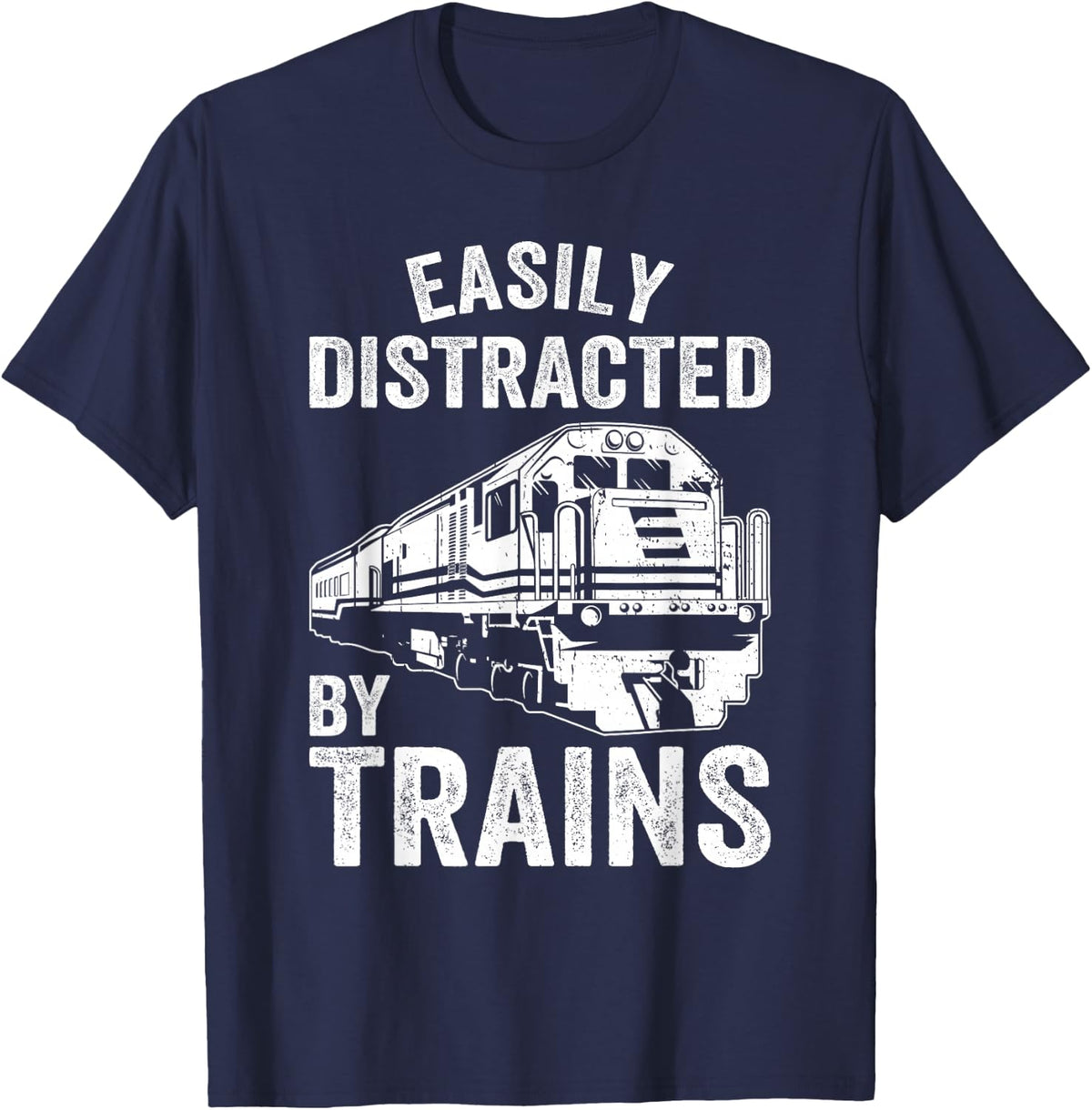 Vintage Easily Distracted By Trains Funny Train Lover Tee T-Shirt For Men Women - Navy Blue