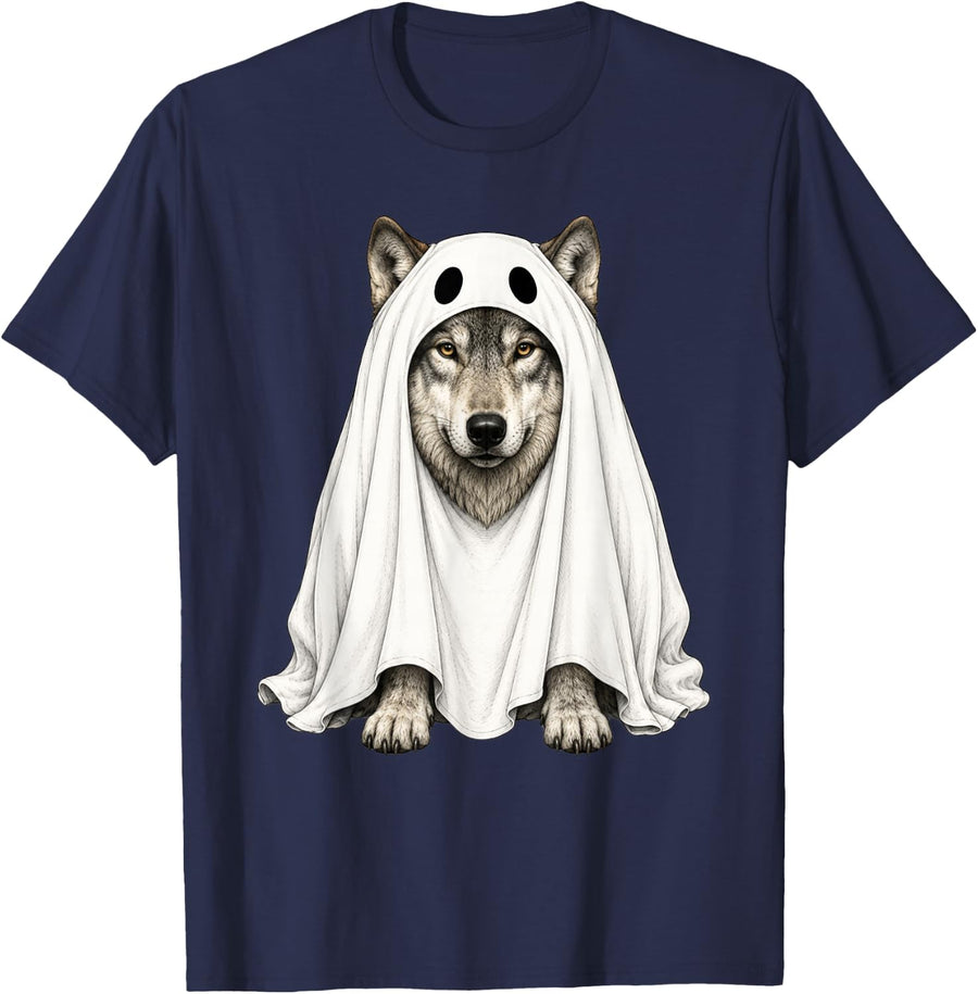 Wolf Dressed As A Ghost Halloween T-Shirt - Navy Blue