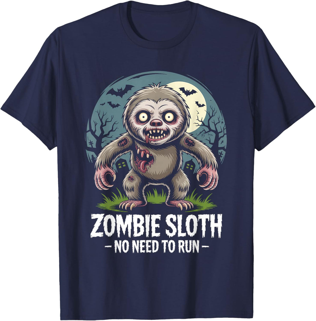 Zombie Sloth No Need to Run Funny Halloween T-Shirt - Navy Blue