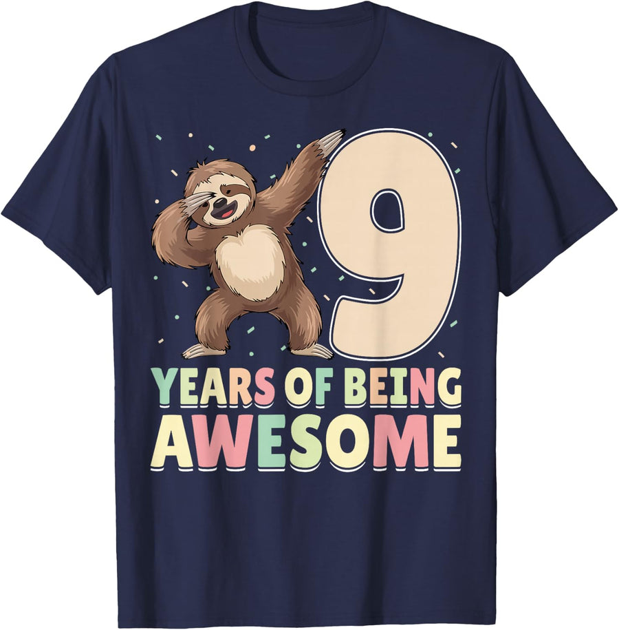 9 Years Of Being Awesome Dabbing Sloth 9th Birthday T-Shirt - Navy Blue