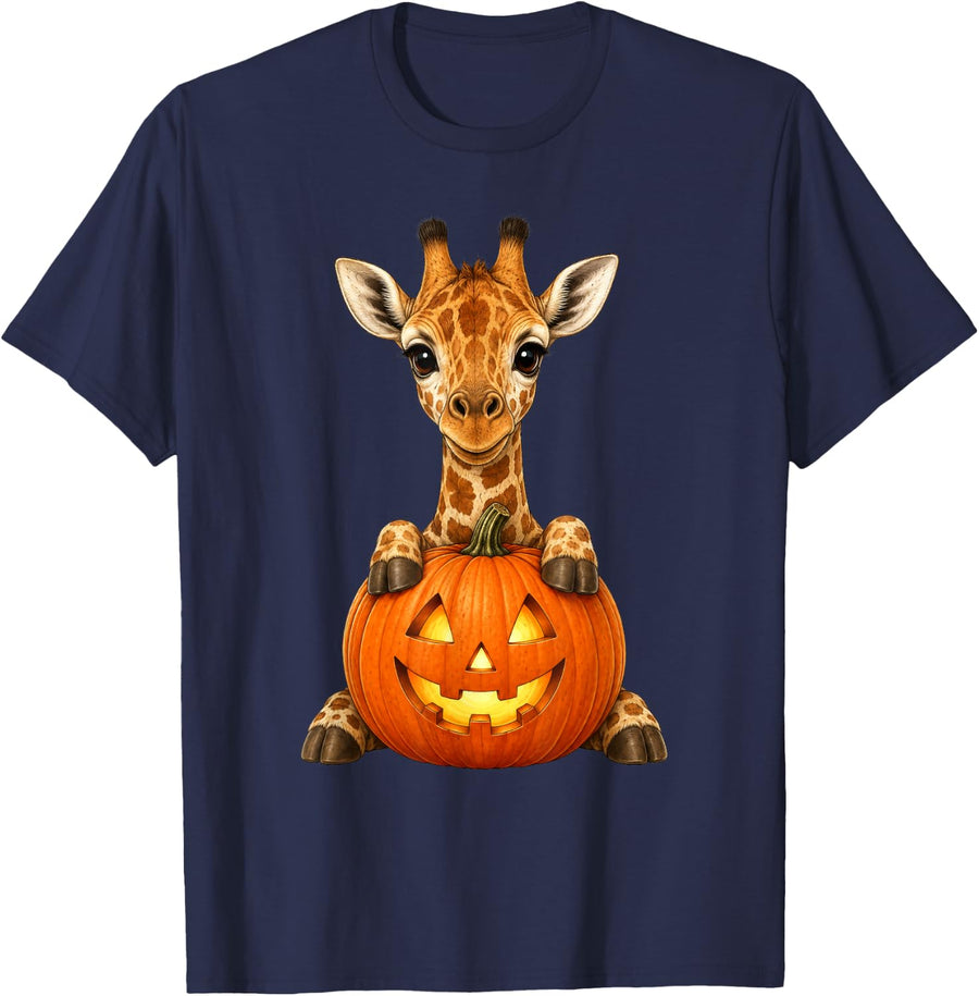 Cute Giraffe Jack O Lantern Pumpkin Halloween T-Shirt - Navy Blue
