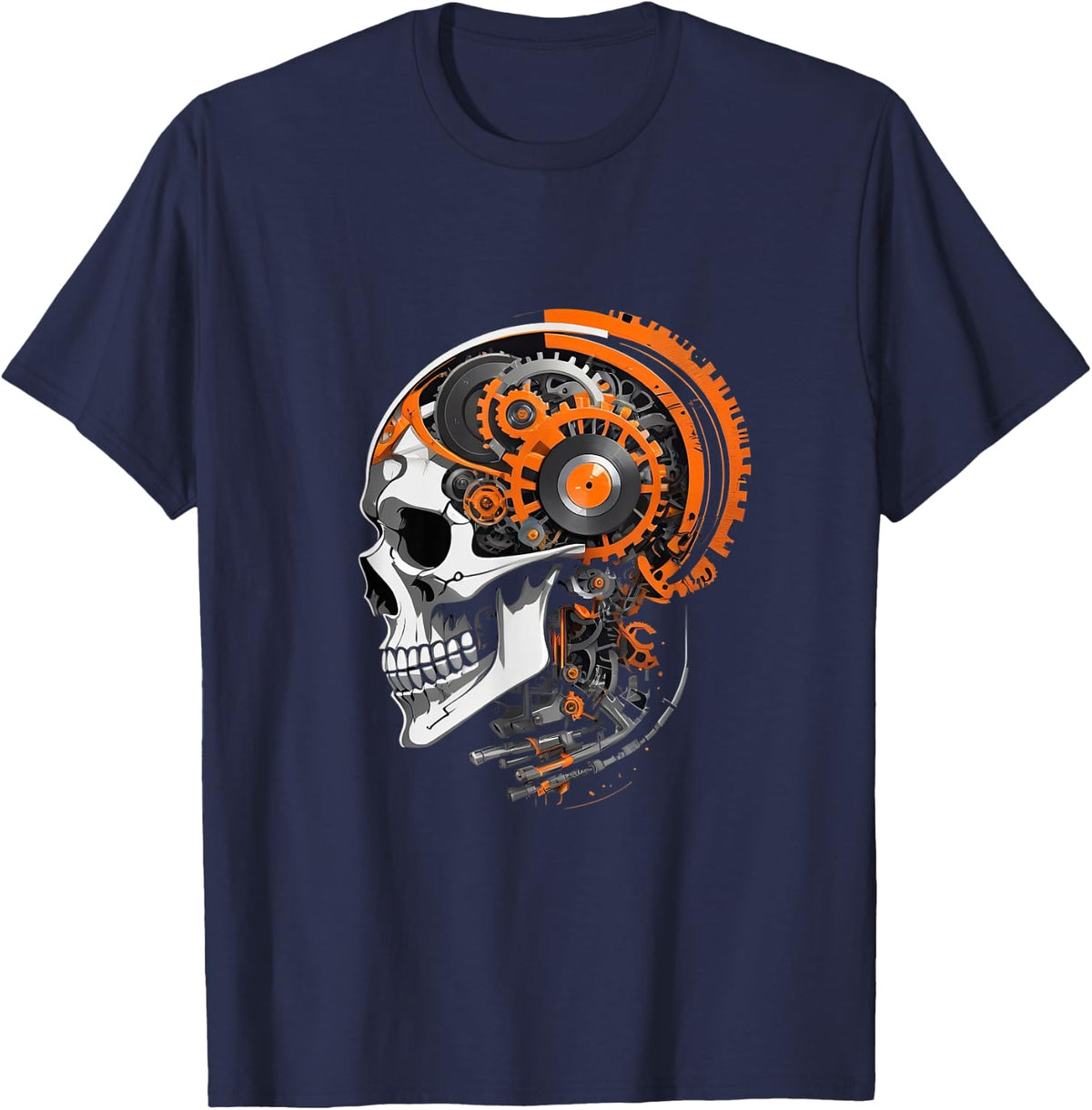 Cyberpunk Skull with Gears Vinyl Record Art Futuristic T-Shirt - Navy Blue